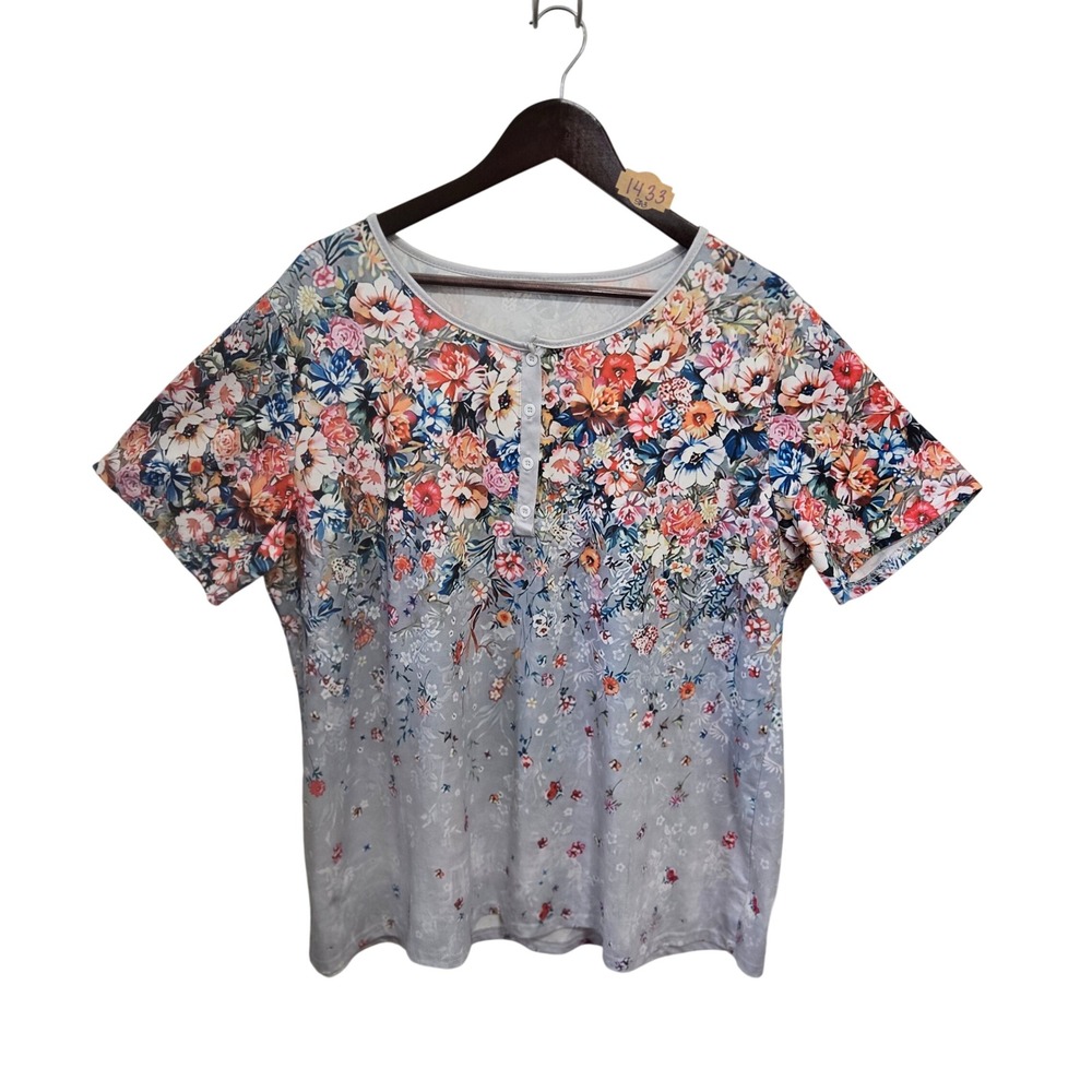 Floral Henley Short Sleeve Top Grey Multicolor Button Front Plus Size 3XL